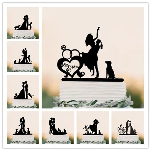 Noir Figurine Futurs Maries Avec Chiens Decoration De Gateau En Acrylique Pour Mariage Fiancailles Accessoires De Decoration Figurines Pour Gateaux Dwteam In