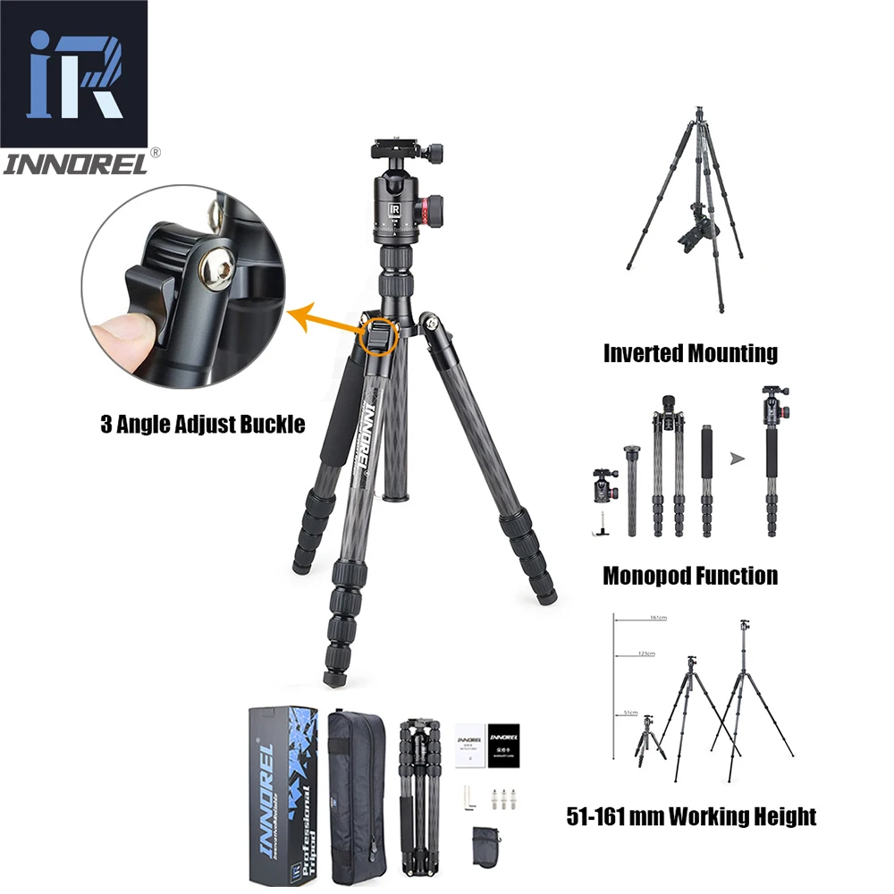  INNOREL RT55C carbon fiber camera tripod 12kg bear video travel portable DSLR tripod 5 Sections wit