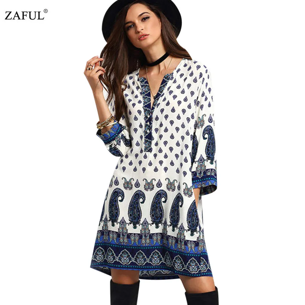  New Fashion women Geometric totem print chiffon Dress sexy vintage V neck long sleeve dress casual loose brand dress (3)