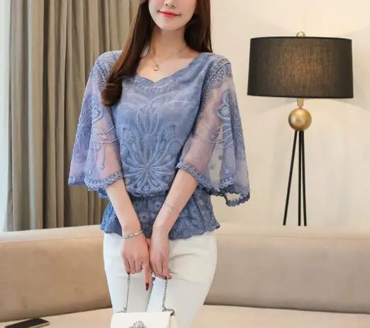 New Chiffon Blouse O-Neck 2019 Summer Full Cotton Edge Lace Blouses Shirt Butterfly Flower Half Sleeve Women Shirt Fashion
