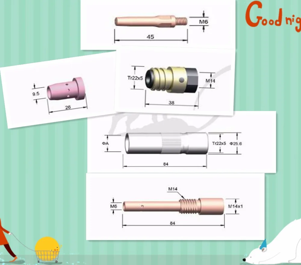 CO2 Mig Mag Полуавтоматы для сварки сварочной горелки Рукав Panasonic KR500A Расходный материал Вставка наконечник M6* 45 ММ сопло Фарфор гусак для горелки Изолированная гайка