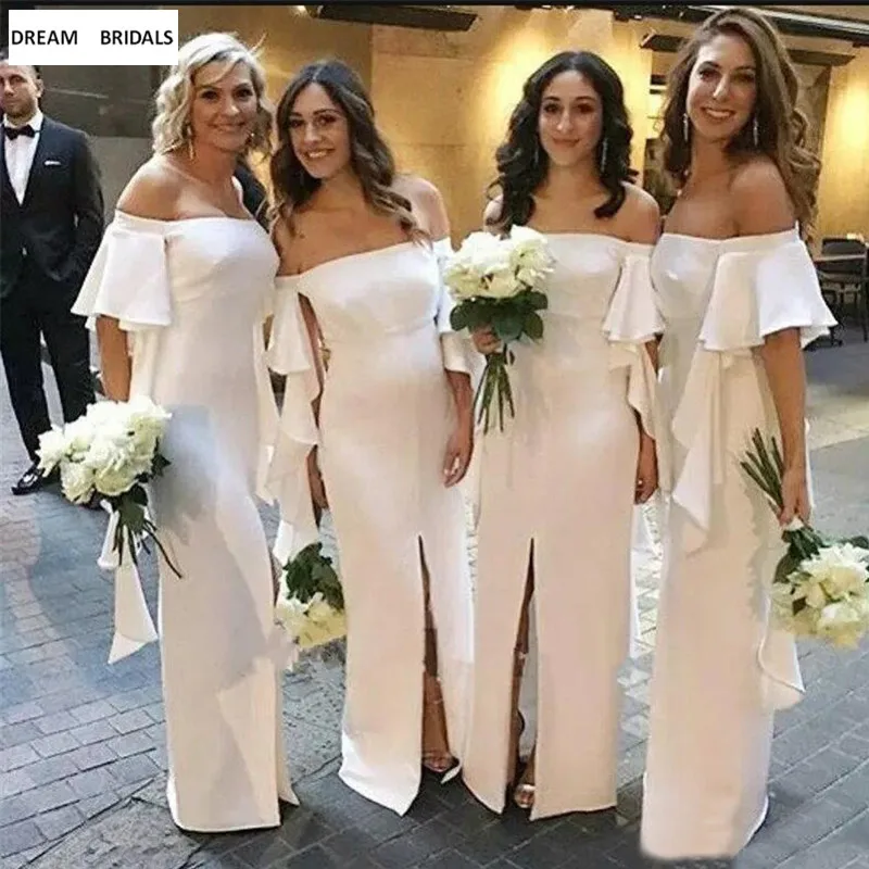 

Simple Long Bridesmaid Dresses Short Sleeves Vestido De Madrinha Front Split Wedding Party Dress For Woman 2019