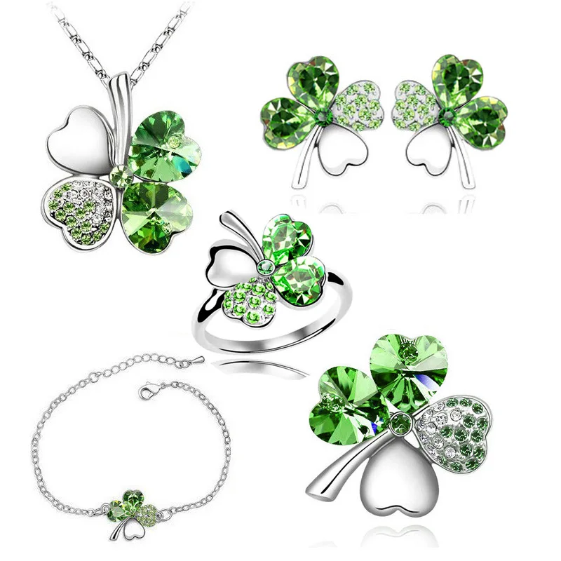 

2019 new 5 in set Necklace earrings rings bracelet brooch jewelry set wedding rose gold Crystal Clover 4 Leaf heart Pendant 9554