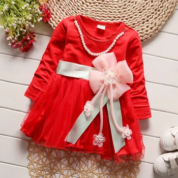 

2017 Baby Girls Dress Big Bowknot Infant Party Dress for Toddler Girls Cotton Clothes+Beaded Baptism Clothes Tutu Dresses