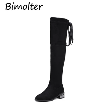 

Bimolter 2018 New Ladies Square Low Heel Women Over The Knee Boots Flock Black Pointed Toe Ribbon Sexy Boots Size 32-43 PAEA024