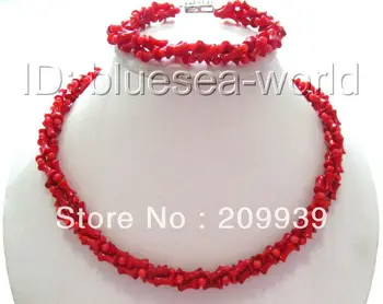 

huij 002120 Gorgeous 3strands natural red coral beads necklace a set