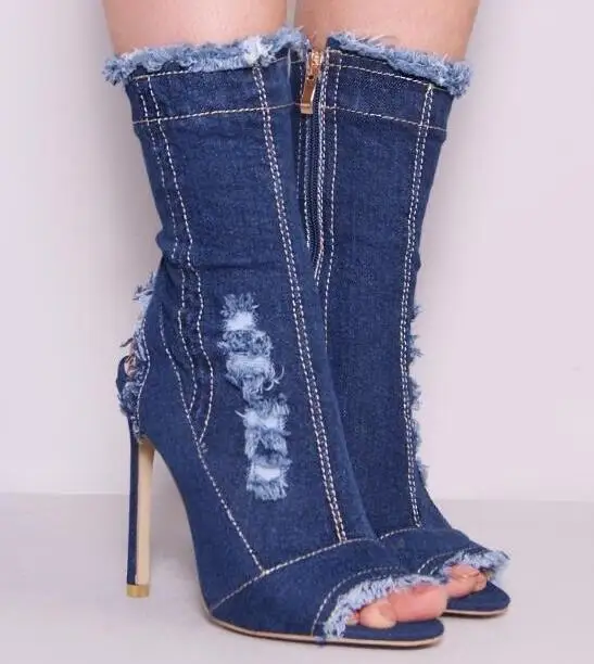 

Top Shipping 2017 Summer Women Sexy Blue/Black Denim Cuts Out Mid-calf Peep Toe Zip Short Boots Drop Shipping Thin Heels Boots