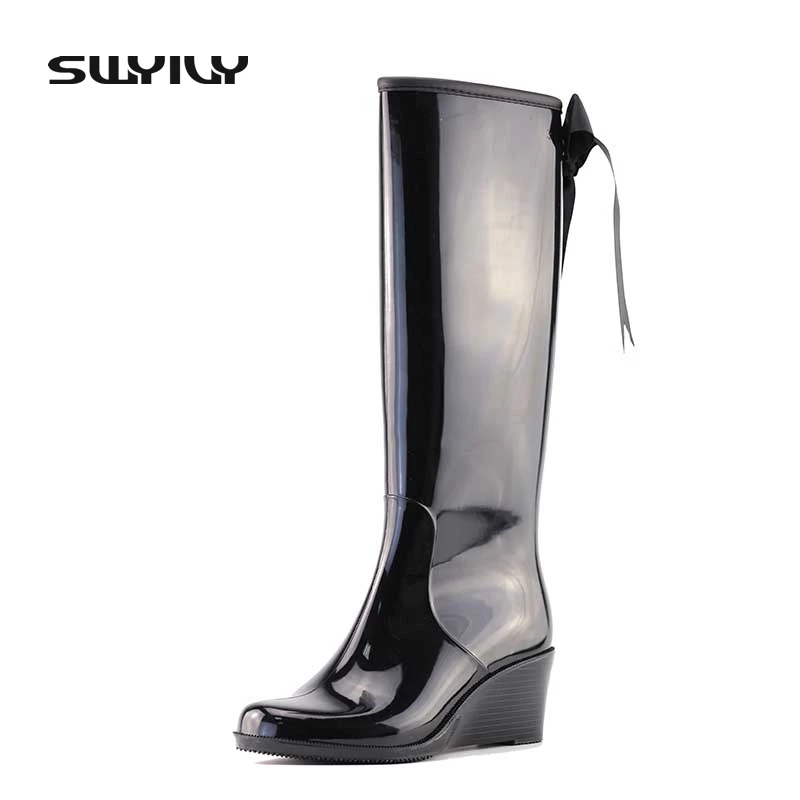 2017 Tall Boots Fashion Bow-knot Anti-slip Water Shoes 36-40 Plus Size Outdoor Waterproof Women Sweet Style Rain Boots Hot Sale