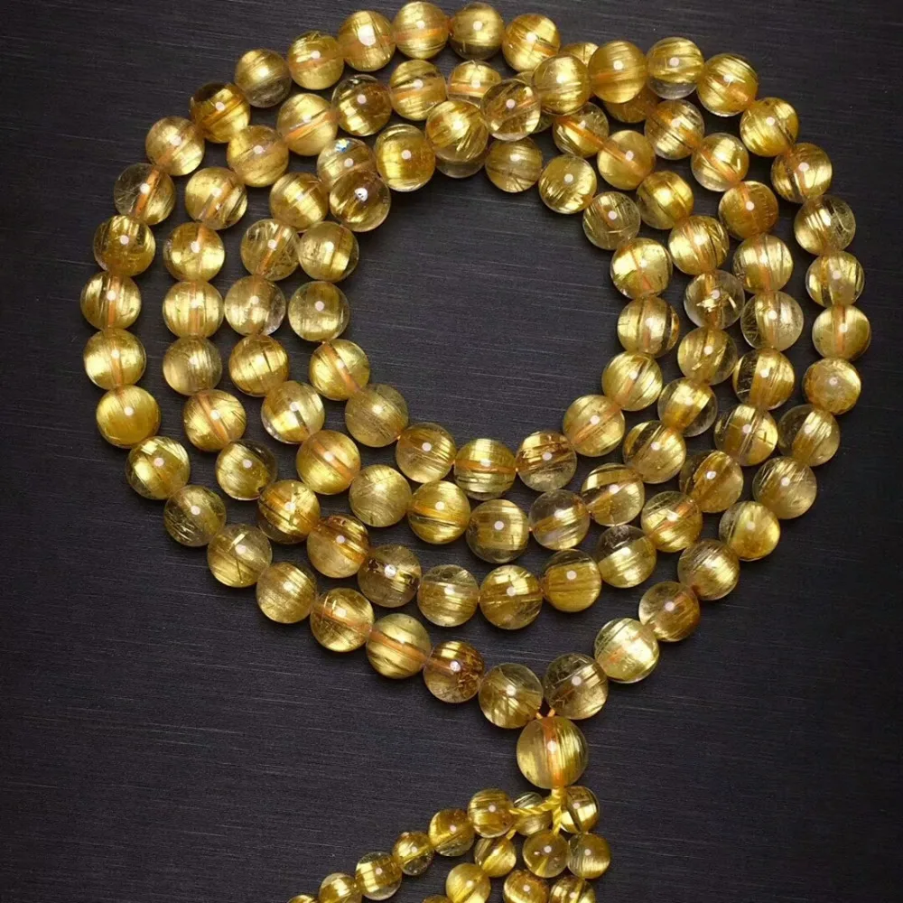 

6.5mm Genuine Natural Gold Rutilated Quartz Crystal Cat Eye Effect Gemstone Stretch Bracelet Necklace 21 Inches