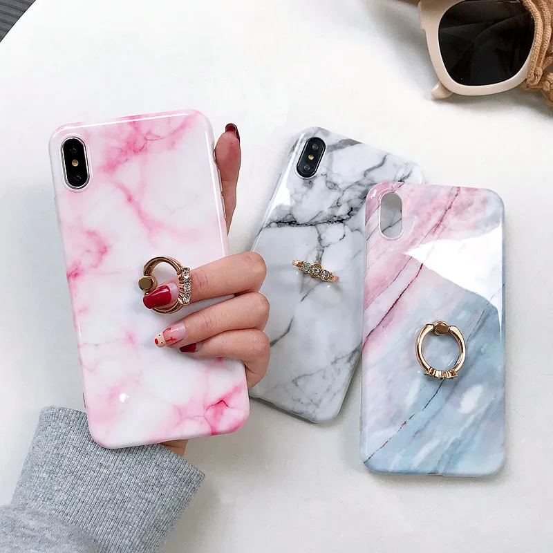 

Marble Case with Finger Ring on for iPhone XS Max XR Silicon Phone Case for iPhone X 8 7 6S 6 Plus Funda Stand Holder Back Cover