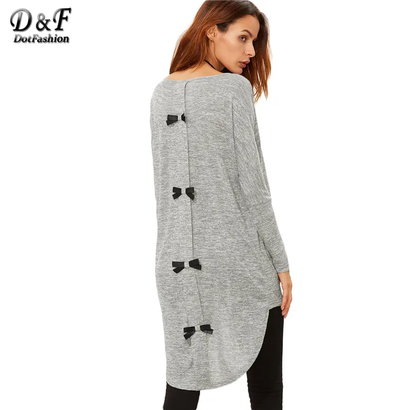 

Dotfashion Korean Tops Clothes Female Long Sleeve Tops Winter Casual Women Grey Marled Knit Bow Back High Low T-shirt