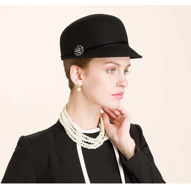 FS британский стиль черные шерсть конные шляпы женские зимние шерстяные фетровые флоппи Fedora Стразы котелок с широкими полями Клош шляпа