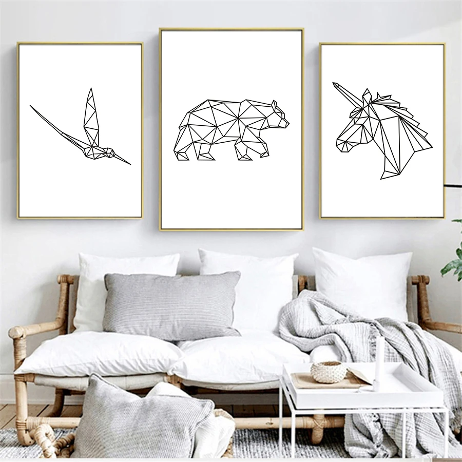 3 - Geometric Animal Canvas Painting Wall Art Picture for Living Room Decorative Posters Modern Minimalist Black and White Pictures