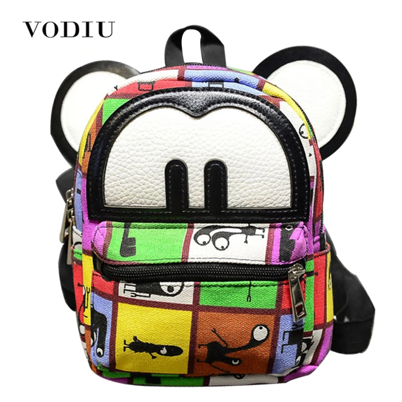 

2017 Fashion Cute Mickey Ear Graffiti PU Leather Mini Female Backpacks Zipper Printing Children School Bags Teen Girls Mochilas