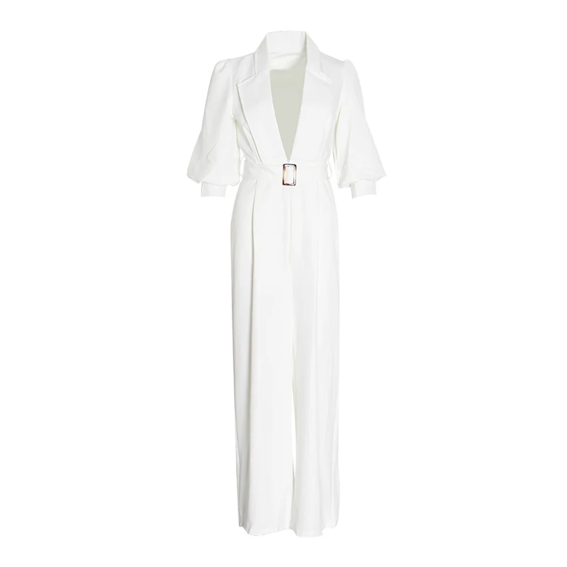 GALCAUR элегантный белый комбинезон для женщин, v-образный вырез, половина рукава, высокая талия с поясом, широкие брюки, Женская мода лето - Цвет: white