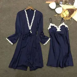 Для женщин Ночная рубашка наборы для ухода за кожей 2018 с длинным рукавом шелковые пижамы искушение сексуальный халат ночные рубашк