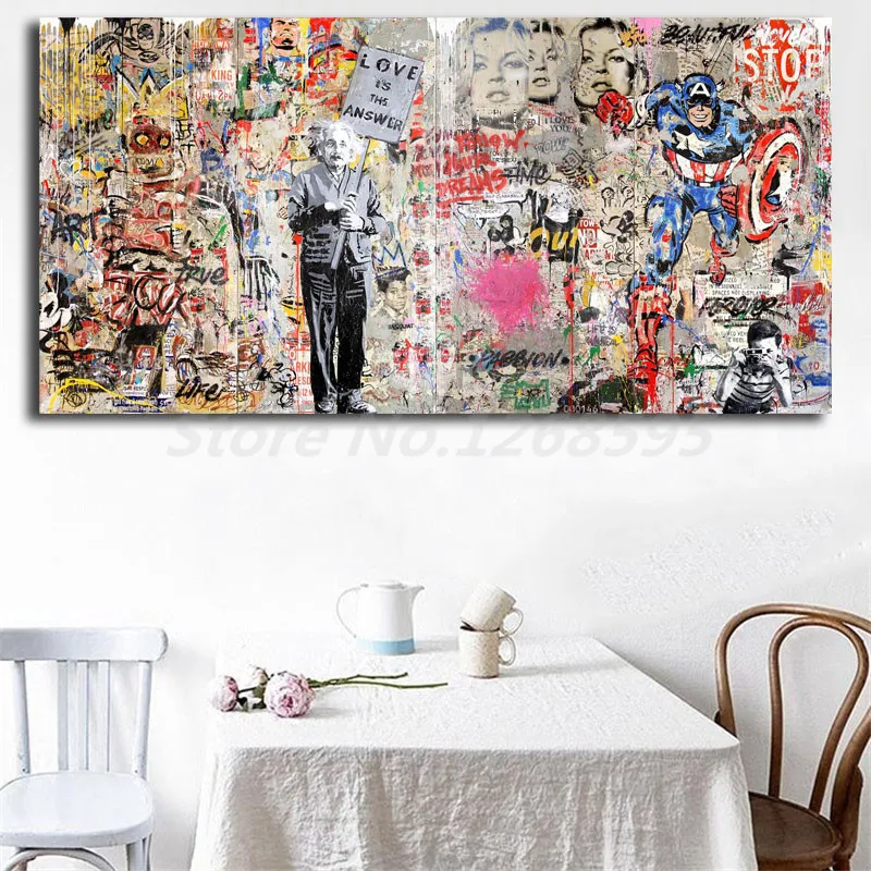 

Mr. Brainwash Einstein Mural Banksy HD Wall Art Canvas Posters Prints Painting Wall Pictures For Office Living Room Home Decor