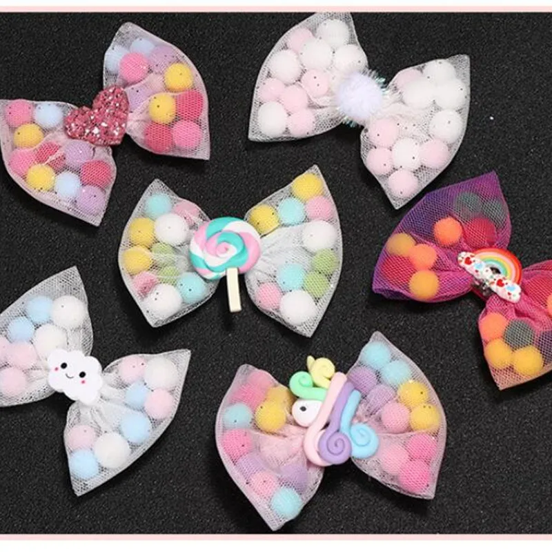 

Boutique 8cm Kids Lollipop Strabery Pom Pom hair bow cloud mesh hair clip for girls child hair accessories 2pcs headddress