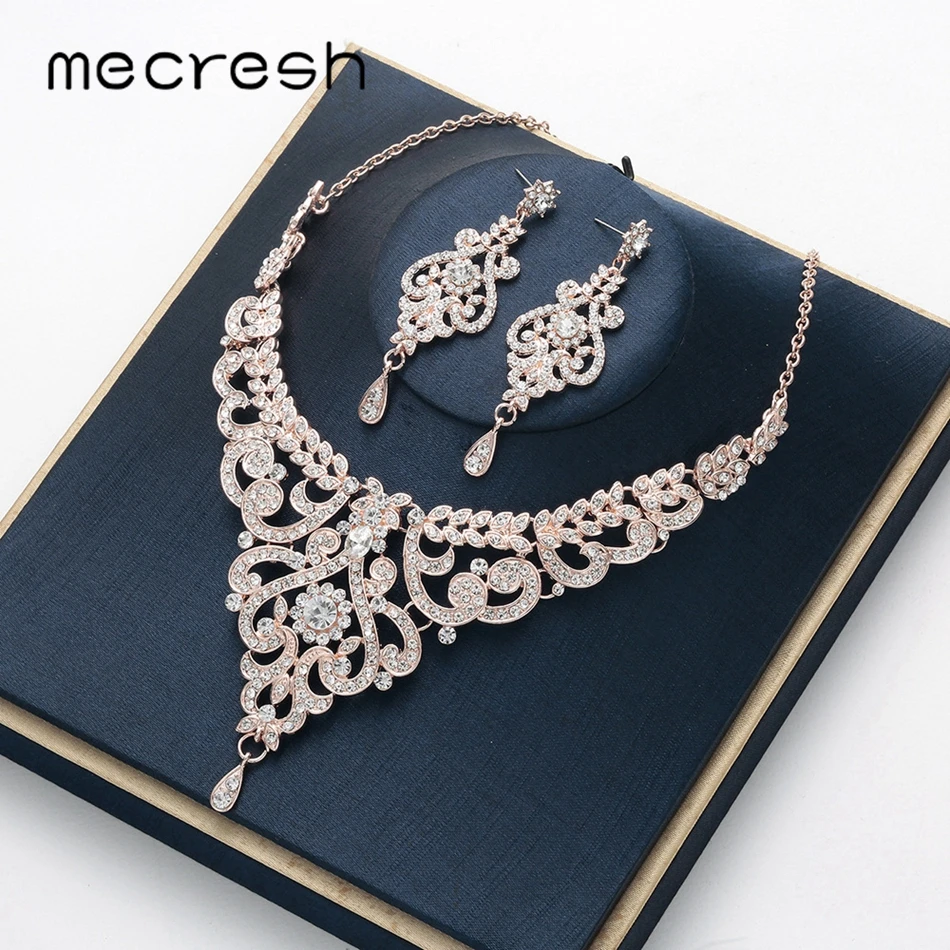 

Mecresh Crystal Branch Bridal Wedding Jewelry Set for Women Rose Gold Color Earrings Necklace Set Engagement Jewelry 2019 MTL583
