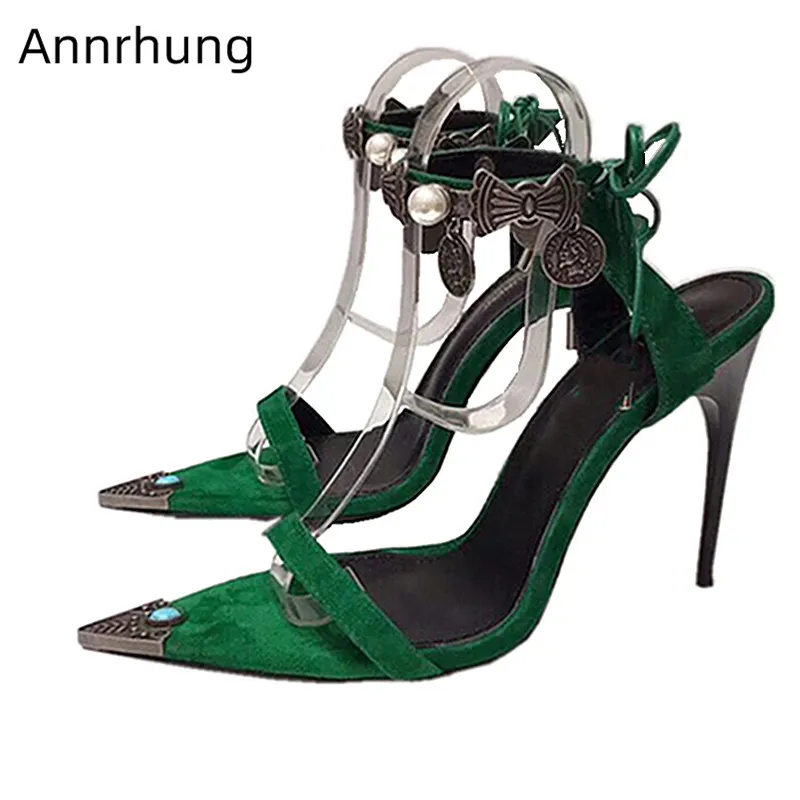 

Retro Metal Decor Gladiator Sandals Women Retro One Strap Dress Shoes Sexy Metal Pointed Open Toe High Heels Pearl Decor Sandals