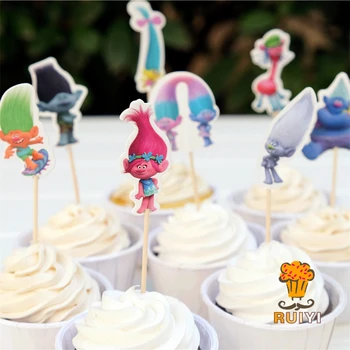 

24pcs Cartoon Trolls Poppy DJ Suki Guy Diamond Branch candy bar cupcake toppers pick baby shower kids birthday party supplies