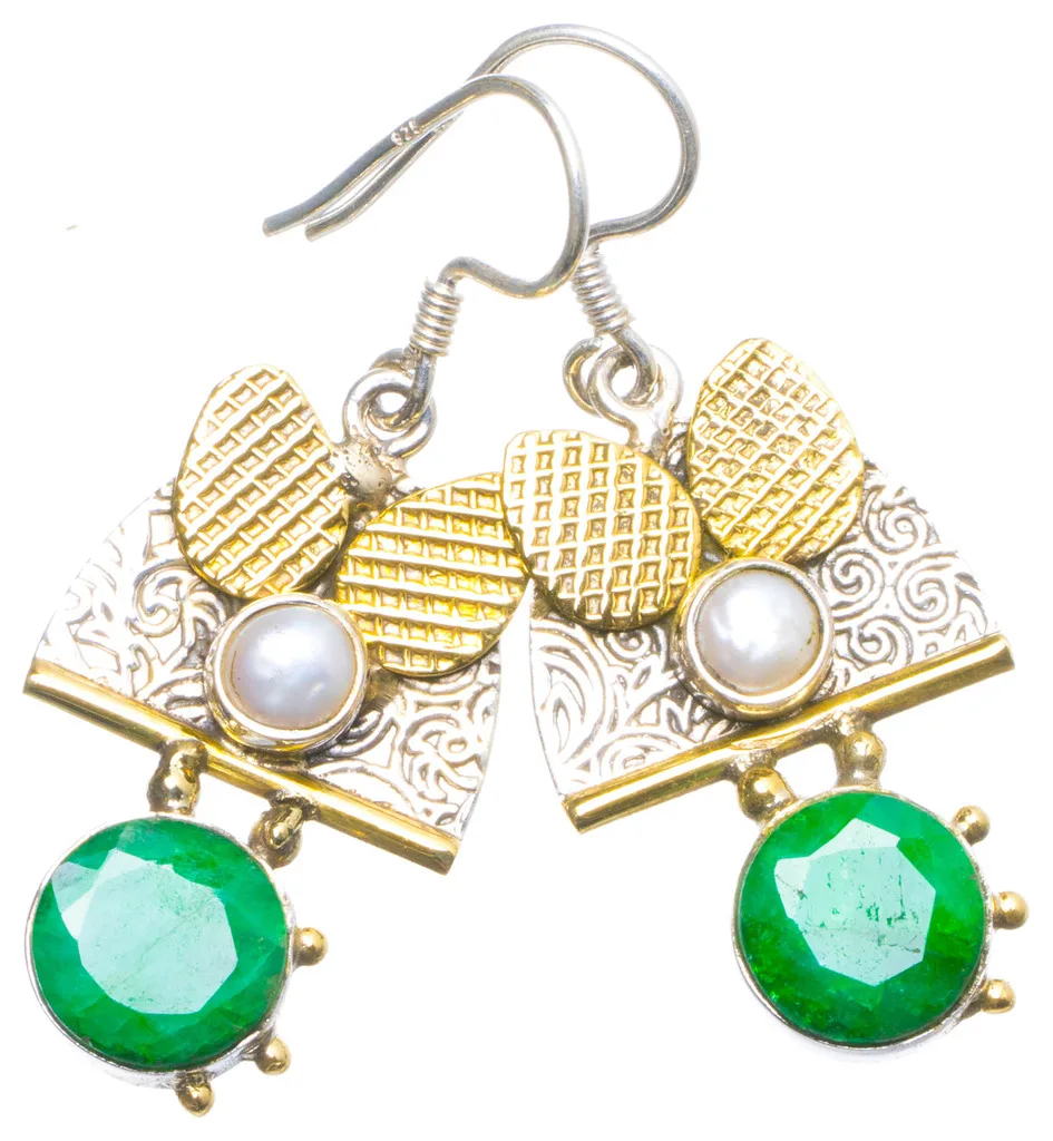 

Natural Two Tones Emerald and River Pearl Handmade Unique 925 Sterling Silver Earrings 1.5" X4709