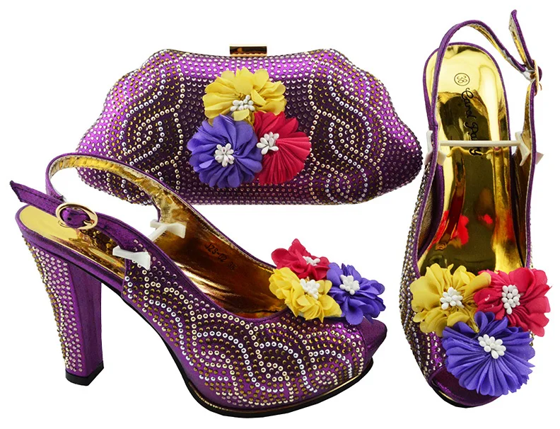 

Elegant fashion shoes and bag to match women italian shoes bag matching set purple with flowers and many stones SB8193-4