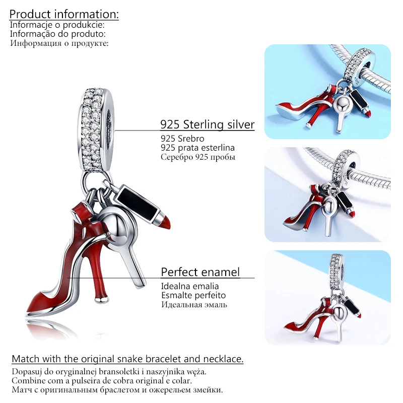 Bisaer подлинный 925 пробы Серебряный Berloque обувь на высоком каблуке Шарм кулон бусины подходит браслет серебряный ювелирных изделий