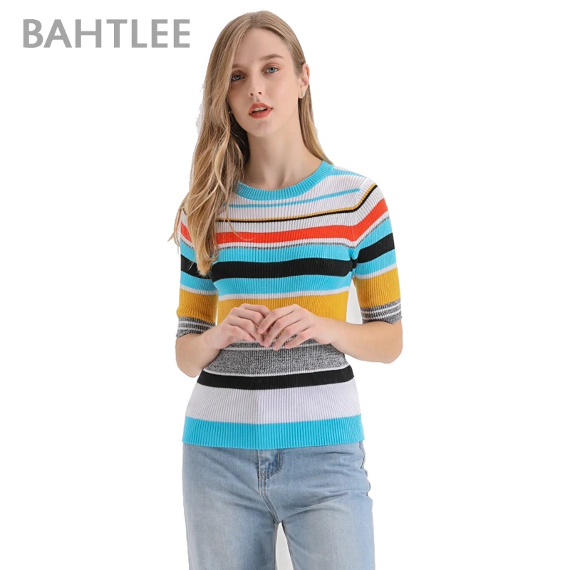 Bahtlee, летняя женская разноцветная футболка, джемпер, короткий рукав, вязаный пуловер, свитер, серебряная проволока, Круглый ворот, мульти полоска