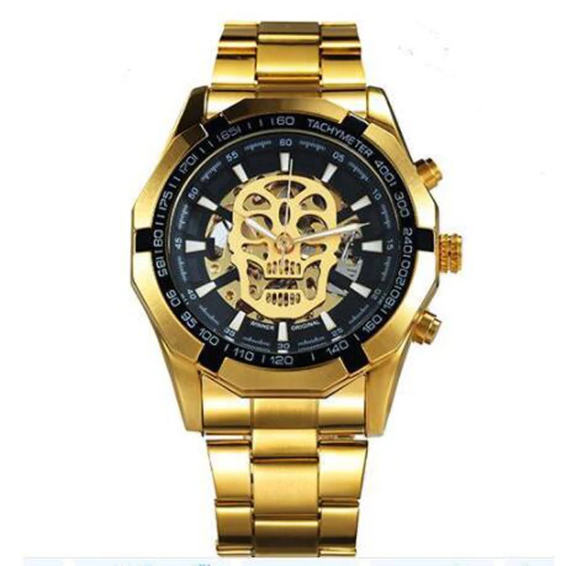 

Fashion Winner Steampunk Skull Auto Mechanical Men Black Gold Leather Stainless Steel Skeleton Dial Cool Design Wrist Watch