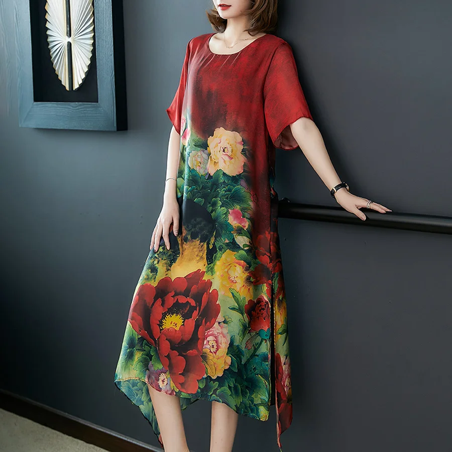 Лето 2019 г. новый цветочный шелк китайский стиль пляжные миди платья для женщин 4XL