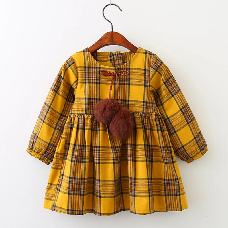 

Menoea Girls Autumn Dress 2019 New British Style Children Plaid Fur Ball Bow Kids Clothes Dress Design 3-7Y Girls Dress Cloth