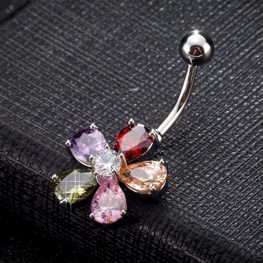 

Stainless Steel Gold color Flower Crystal Navel Bars Gold Belly Button Ring Navel Piercing Jewelry womens Body Jewelry Zircon