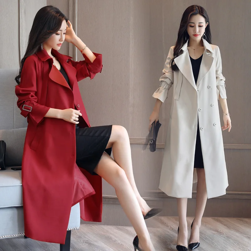 Elegant 2019 spring autumn Trench women Solid Color Lady X-Long Windbreak Double Breasted Slim Trench Coat With Belt long coat