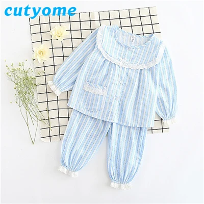 Осенний детский пижамный комплект; милая пижама в полоску с длинными рукавами и цветочным кружевом для малышей; детская одежда для сна для маленьких девочек; пижамный комплект - Цвет: Blue Pijamas Sets