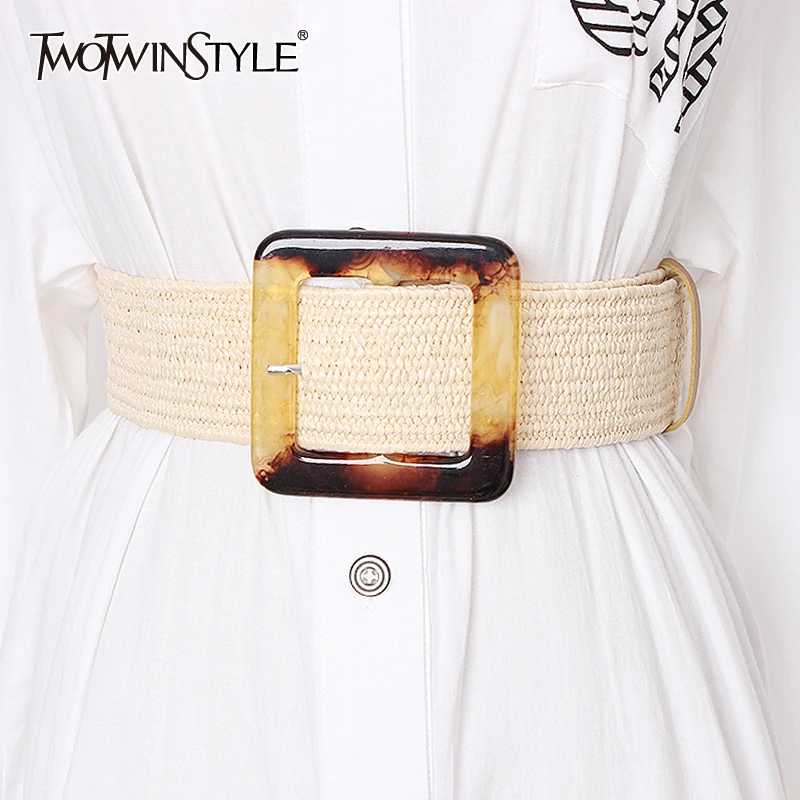 

TWOTWINSTYLE Summer High Waist Slim Belt For Women Striped Wide Belts Vintage Dresses Accessories Female 2019 Fashion New Tide
