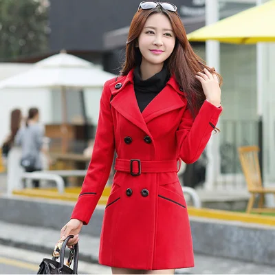 Женские длинные шерстяные пальто осень зима женские шерстяные пальто двубортная облегающая верхняя одежда элегантное облегающее длинное пальто теплое - Цвет: Red