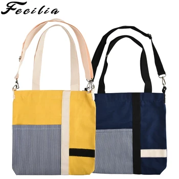 

Fecilia 2019 Fashion Stitching Stripes Canvas Bag Women Shoulder Bag Zipper Crossbody Bag Durable Shopping Tote Handbags