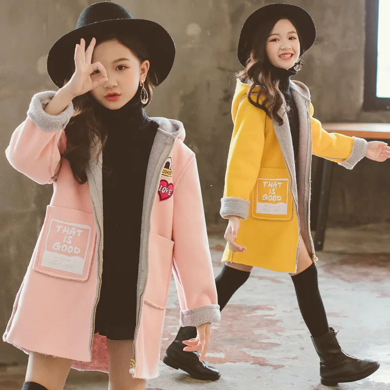 New Autumn Winter Children's Clothes Girls Coat Fashion Love Duck Hooded Baby Girl Blends Coats For Big Kids Long Outerwears