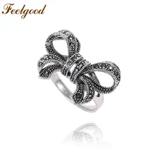 Feelgood Vintage Female Jewelry Antique Silver Color Wedding Ring Black Austrian Crystal Retro Bow Rings For Women Party Gift