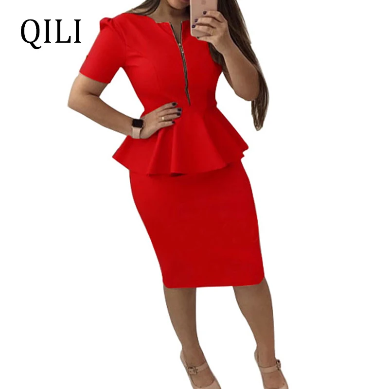 

QILI Plus Size Women Dress Work Office Lady Business Dresses O Neck Zipper Short Sleeve Ruffles Fake Two Piece Dress Black Blue