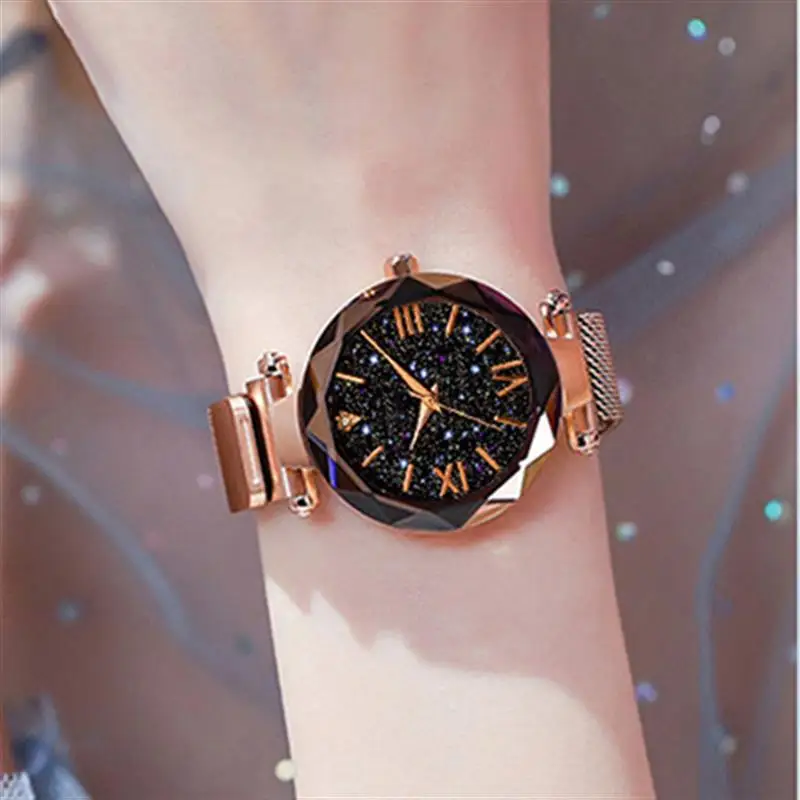 Женские Роскошные Звездное небо часы из розового золота Megnet Mesh Band женские кварцевые часы на запястье Магнитный модный браслет часы платье часы