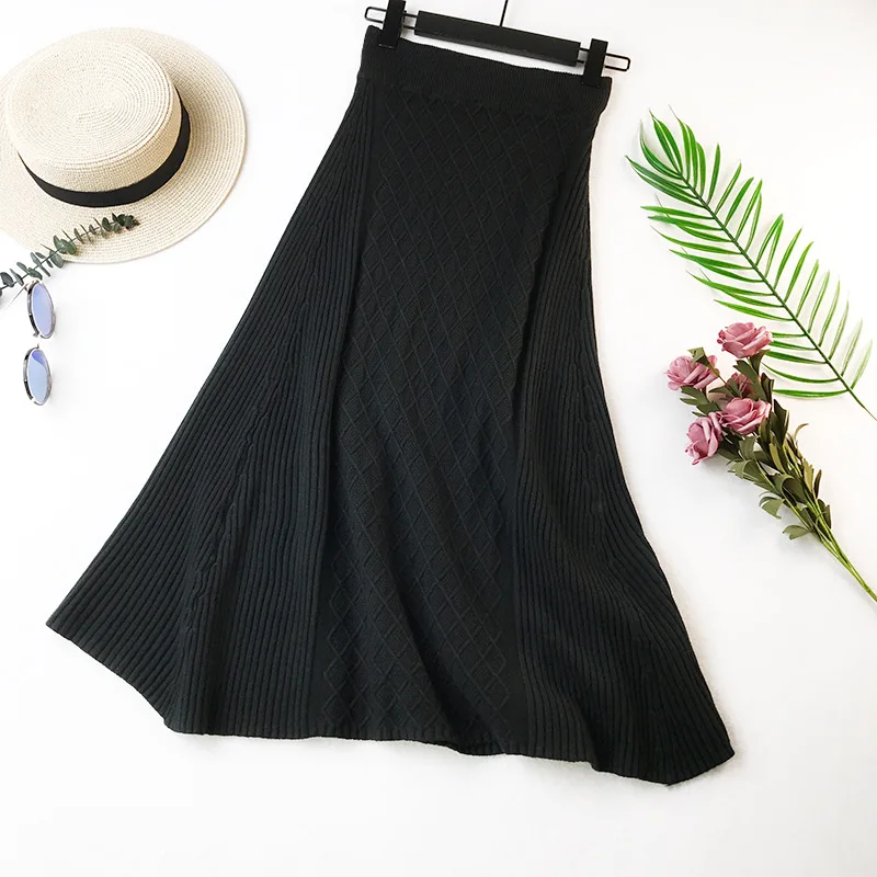 

336 skirt women autumn winter literary wind wool skirts vintage texture geometric jacquard high waist long A word bag hip knit