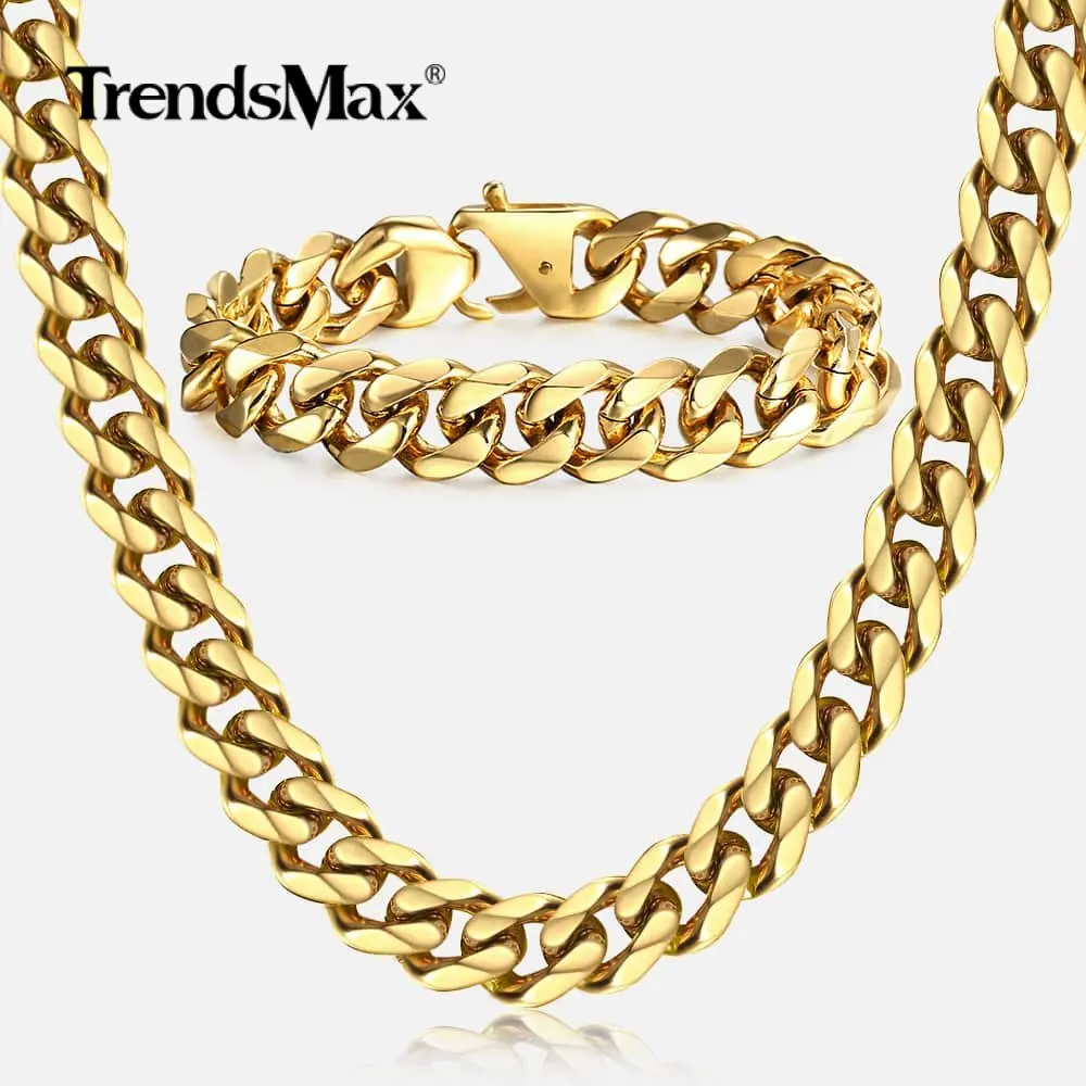 

Trendsmax 316L Stainless Steel Hip Hop Necklace Bracelet Set Gold Color Curb Cuban Chain Boys Mens Jewelry Set HS64