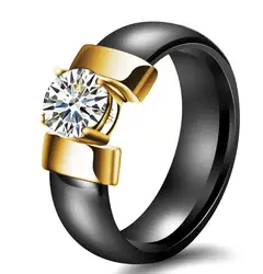 Elegant Gold Stainless Steel Women's Wedding Ring with Black and White Ceramic and Cubic Zirconia Accents - 6mm - 8 (4)