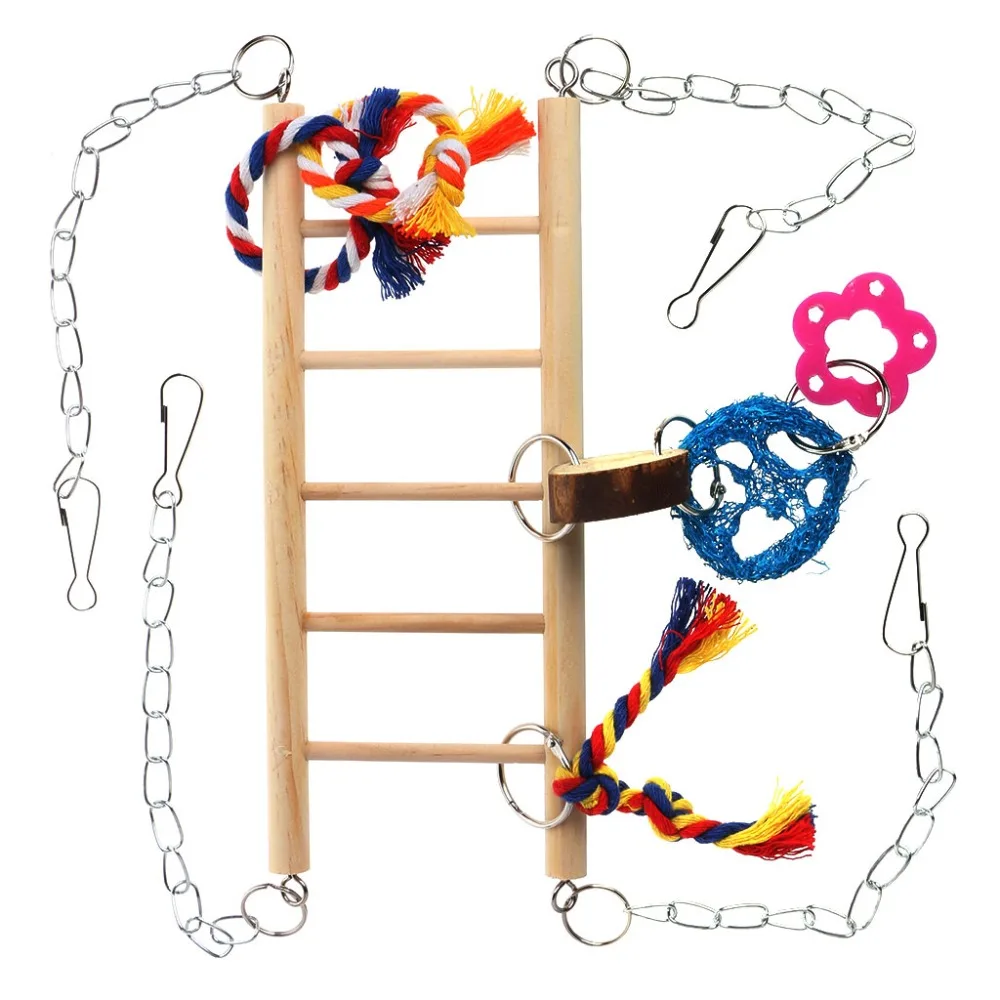 Pet Bird Wood Ladder Climb Toys Parrot Rope Macaw Parrot Bites Harness