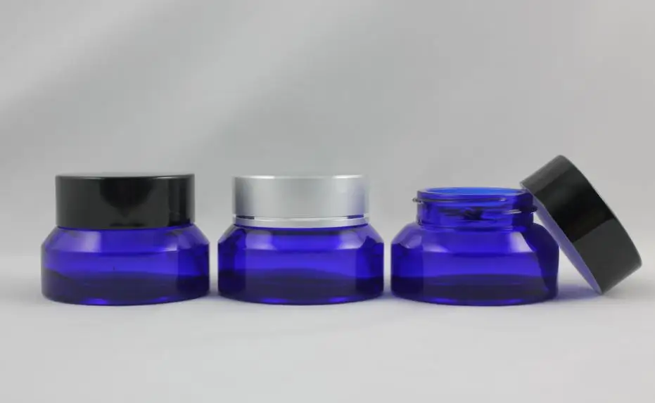 Download 15g blue glass cream jar with black or silver aluminum lid, empty glass 15g cosmetic jar for eye ...