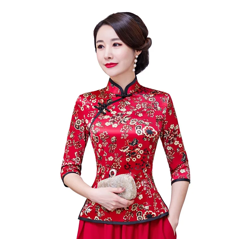 Шанхай история цветочный Cheongsam рубашка Qipao топ с рукавом 3/4 Китайский традиционный топ из искусственного шелка китайская блузка для женщин - Цвет: Красный