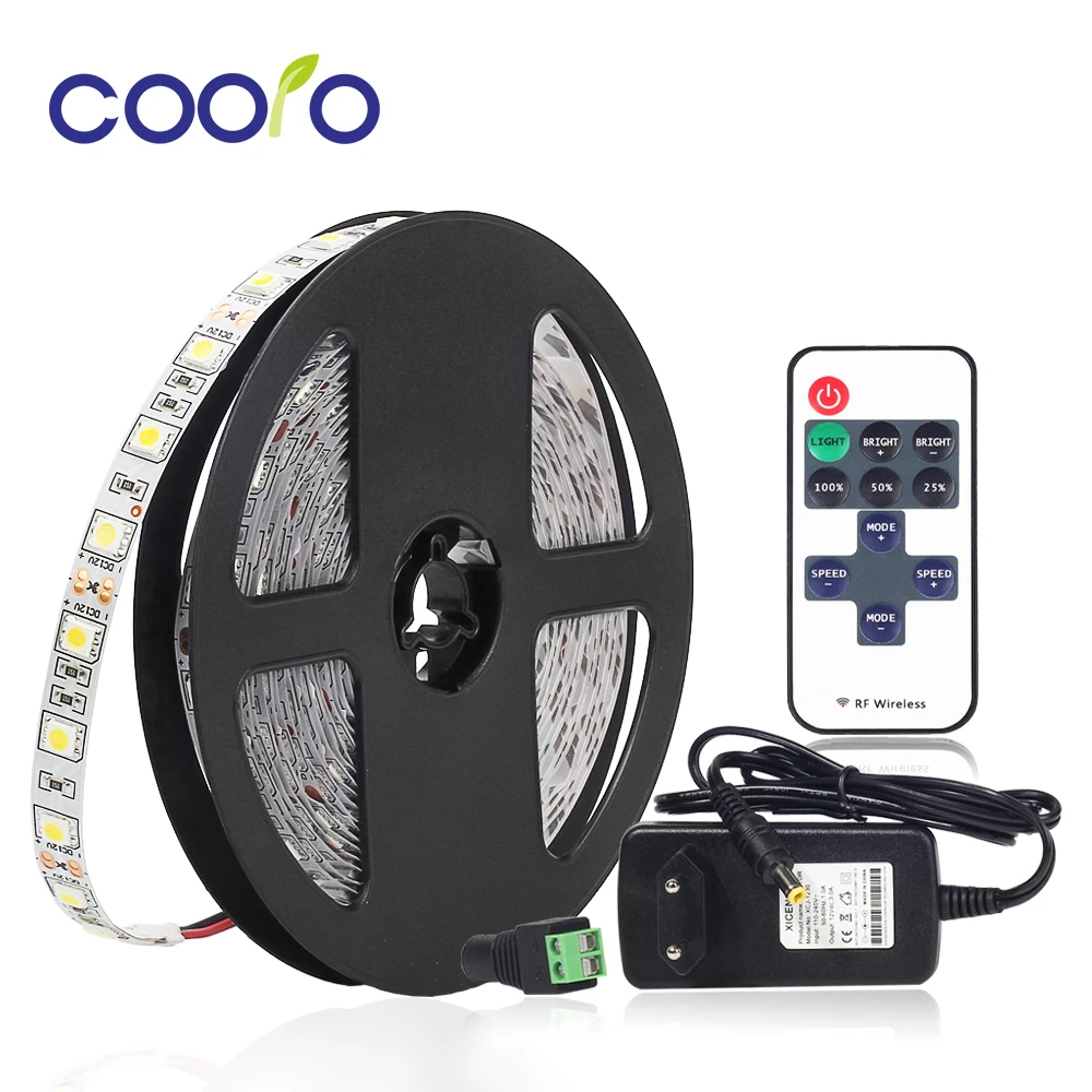 

5M 5050 Warm White White LED Strip Light Waterproof Cold White LED Ribbon Tape RF 11Key Remote Controller 12V Power Adapter Kit