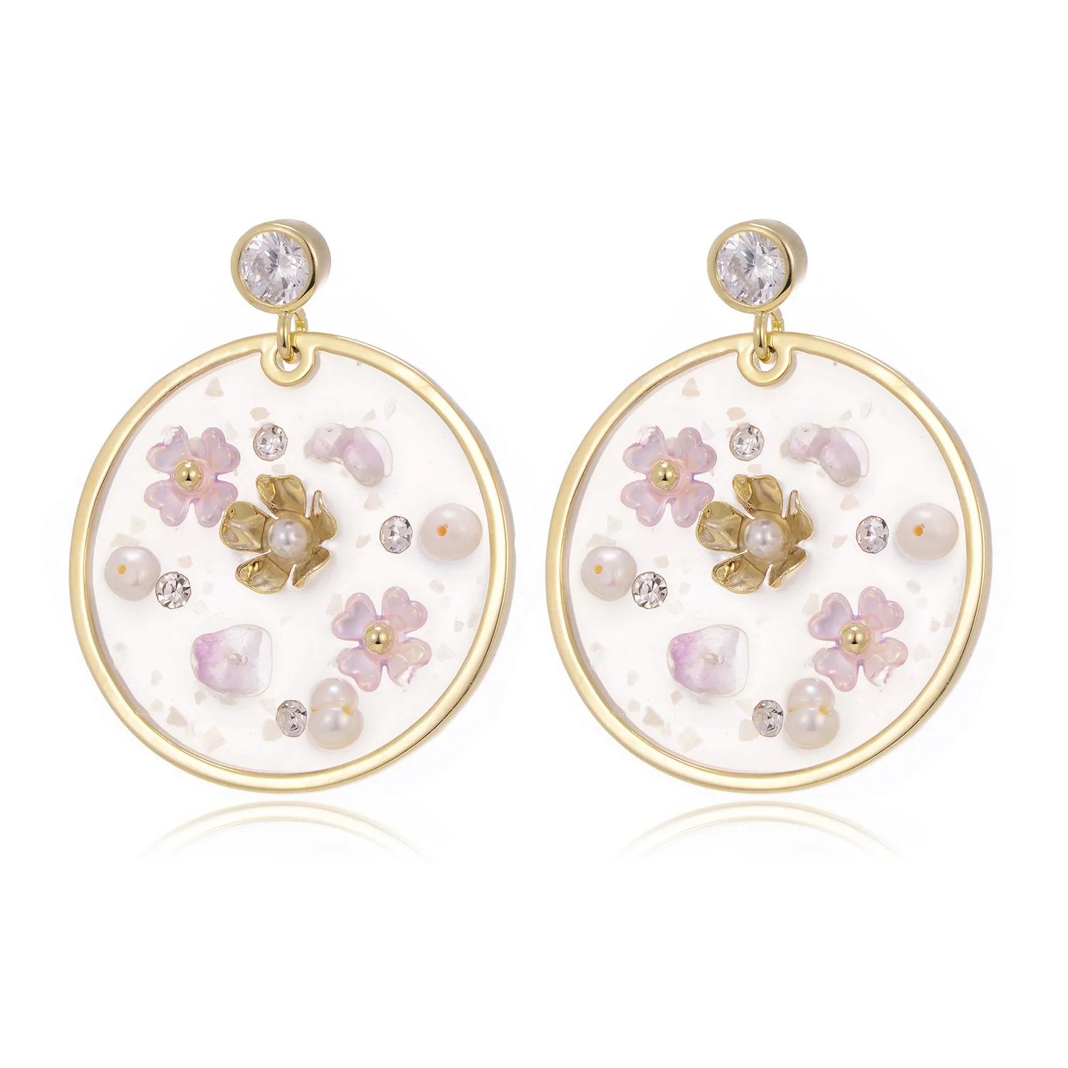 

Crystal Pearl Flower Round Drop Earrings For Women Gold Color Copper Zircon Earring Fashion Jewelry aretes de mujer 2019 D20